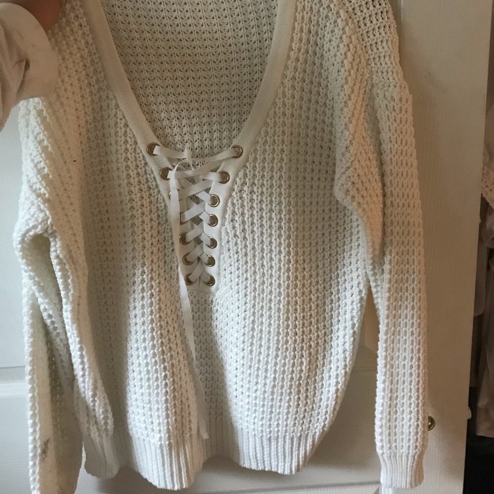 Lace up cream sweater Boston proper